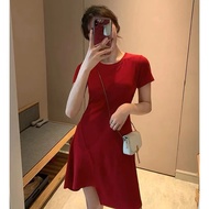 Hepburn Style Women Short Sleeve Irregular Dress Solid Color Causal Dress
