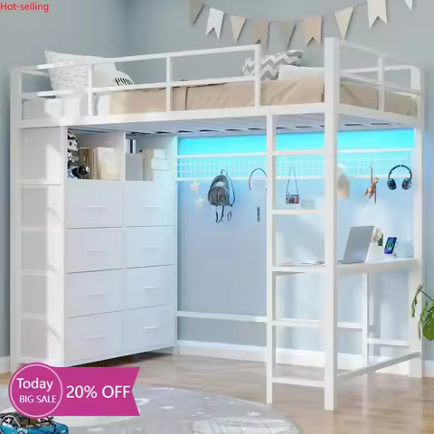 BestsellerTwin Loft Bed - Desk & 8 Storage Drawers Tall Dresser, White Metal Loft Bed - LED Lights &