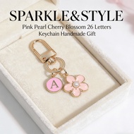 Pink Pearl Cherry Blossom 26 Letters Keychain for Women Small Flower Pendant Lucky Fashion Accessory