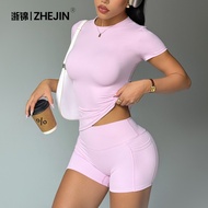 European American Hot-selling Summer Yoga Suit Short-Sleeved Yoga Shorts Suit Women Two-Piece Suit H