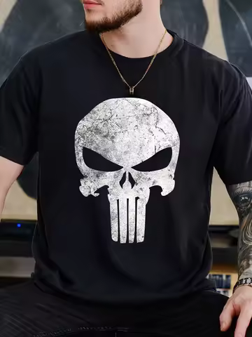 MARVEL Punisher Skull Graphic T-Shirt for Men Distressed Vintage Print Crew Neck Meshes Tee Superher