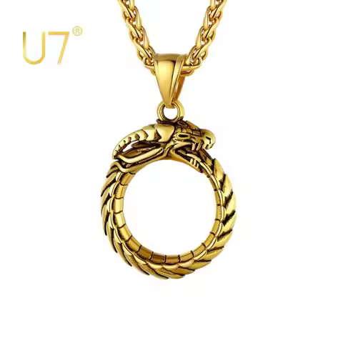 U7 Stainless Steel Ouroboros Dragon Necklace Men Black Gold Color Animal Pendant Retro Eternal Cycle
