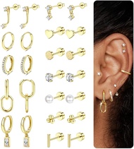 BESTEEL 12 Pairs Hypoallergenic Flat Back Earrings for Women - 14K Gold Stainless Surgical Steel Car