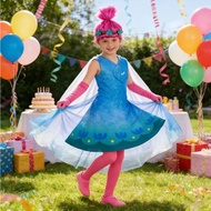 Girls Poppy Dress Cosplay Costume Carnival Trolls and Wig Baby Girls Children Princess Party For Kid