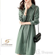 SUNWISH SWS-ST273 With Belt Corduroy Polyester Green Korean Loose Fashion Lapel Dress Women Tops Labuh Muslimah 百搭外套长衬衫