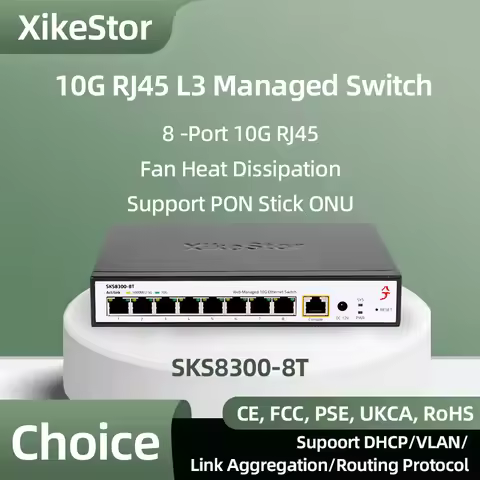 XikeStor 8 Ports 10G RJ45 L3 Managed Switch with Fan Heat Dissipation Support 1G/2.5G/10G DHCP/VLAN/