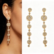 Gold Plated Sunburst Pave CZ Long Drop Earrings for Women, Luxury 9.5cm Chain Dangle Earrings