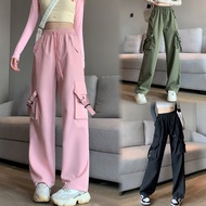  Fashion Straight Wide-Leg Pants Women Causal All-match Causal Cargo Pants Casual Plain Pocket Up Pa