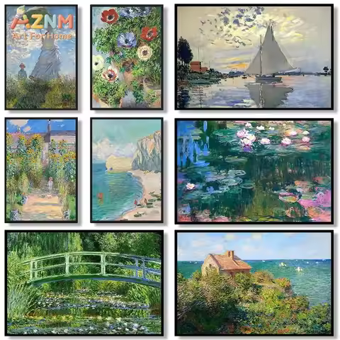 AZNM Claude Monet Vintage Impressionist Unframed Canvas Wall Art Print Famous Water Lilies Landscape