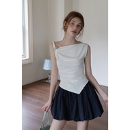 French Style Gathered Neckline Asymmetrical Hem Sleeveless Vest Womens Summer Slim Fit Personality T