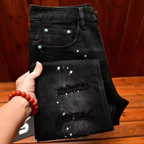 Autumn retro nostalgic jeans men's black distressed patch paint print slim fit small feet trendy str