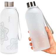 bzyoo 32 OZ 1 Liter Time Marker Water Bottle Frosted Durable Plastic With Strap - Reusable Clear Bot