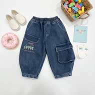 [HokkyDot]|B63|Snoopy Fun Embroidered Denim Overalls|Boys Loose Trousers Elastic Waist Fleece|100.11