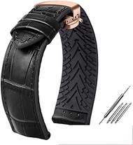 For Rolex For Ctizen For Tissot Leather Watchband Waterproof Rubber Silicone Watch Band Men 19mm20mm21mm22mm23mm Butterfly Clasp Bracelet (Color : Black Rose gold, Size : 21mm)