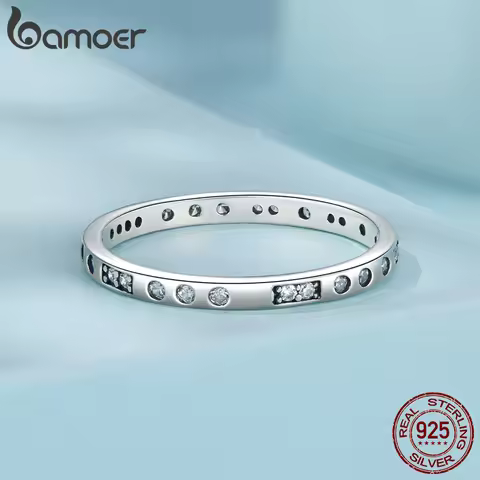 BAMOER 925 Sterling Silver Morse Code Ring Mysterious Retro Love Band Ring with Round Zircons for Wo