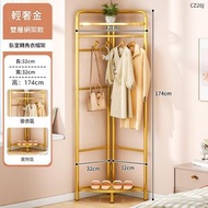 （雙層網架+衣帽鉤+金色碳鋼款）多功能轉角衣帽架 落地衣架 手袋帽子收納架 臨時掛衣架晾衫架 角落置物架
