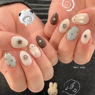 Miffy Cute Short Hand-Painted Wearing Nails ins Blue Smudge Daily Brown Manicure Patch