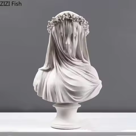 Artwork Veiled Lady Character Resin Sculpture Cape Woman Figures Portrait Statue Ornaments Living Ro