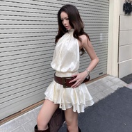 Seductive Silk Dress with Pleated Waist Collar and Embellished Pepper Clothing Sexy 2-Layer Cream Si