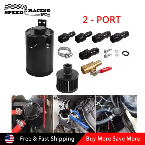 Aluminum Racing Baffled Oil Catch Can Tank 2-Port Reservoir with Drain Valve Breather Cylinder Filte