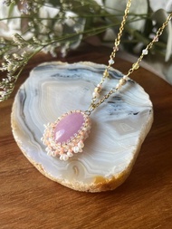 紫鋰輝 玻璃米珠x天然石 串珠吊墜 配寶石鏈