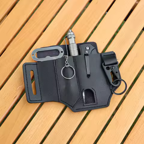 1PC Leather EDC Storage Tactical Knife Pen Leather Case Waist Bag Wilderness Survival Flashlight Set
