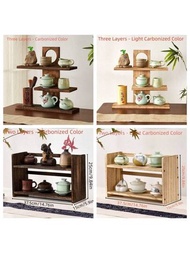 1入桌面古董風實木茶具架,帶有架子,可用於茶壺、茶杯和裝飾物的展示