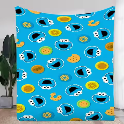 Cookie Monster Fun Pattern Blanket - Vibrant Blue Fleece Throw Blanket Featuring Playful Cookie Mons