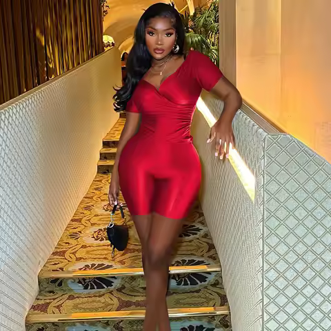 Black Red 2 Piece Set Women Outfit Party Night Club Ruched Stretchy V-neck Short Sleeve Top and Shor