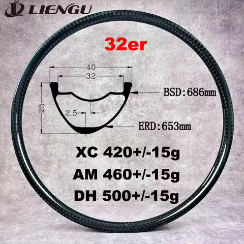 32" MTB Carbon Rim 12K Glossy Tapeless 40mm Width 25mm Depth Asymmetry Tubeless 32 Inch Mountain Bic