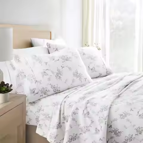 Gray Sylvan Rose 4 Piece 100% Cotton Flannel Deep Pocket Sheet Set, Queen, by