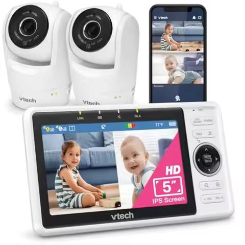 VTech 2-Cameras Smart WiFi Baby Monitor with 1080p FHD Camera and 5 HD IPS Screen Free App with Moti