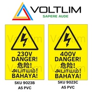 Customized Warning Notice Danger Voltage 230V | 400V Sticker A5 Size 4 Languages Voltlim SKU 9023