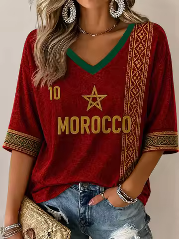 Women’s Morocco Football Printed Casual T-Shirt Football Cultural T-Shirt