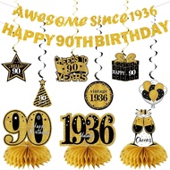 11Pcs 90th Birthday Decorations Kit for Men Women, Black Gold Happy 90th Birthday Banner, Awesome Si
