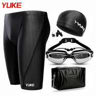 YUKE Mens Swimwear Five-point Quick-drying Waterproof Large Size Shark Skin Swimsuit Swimming Cap Go