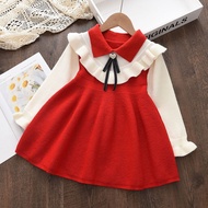 Bear Leader Girls Dress Autumn and Winter New Fungus Edge Lapel Love Bow Tie Long-sleeved Colorblock