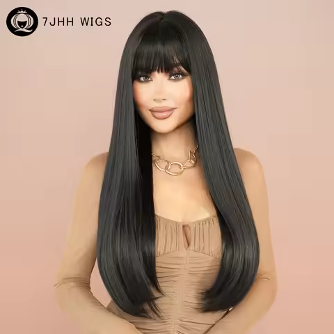 7JHH WIGS Long Straight Black Wig for Women Daily Use High Density Synthetic Layered Black Hair Wigs