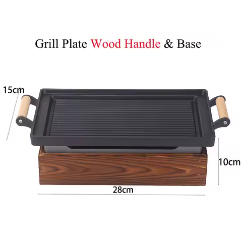Korean BBQ Grill Plate with Wooden Base Portable Tabletop Alcohol Heating Grill for Home Restaurant 