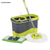 IKAYAA Press Type Stainless Steel 360°Rolling Magic Spin Mop  Bucket Set Rotating Floor Mop W/ 2 Mop