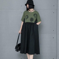 XITAO Contrast Color Patchwork False Two Pieces Dress Casual Loose A-line Mid-calf O-neck Summer Wom