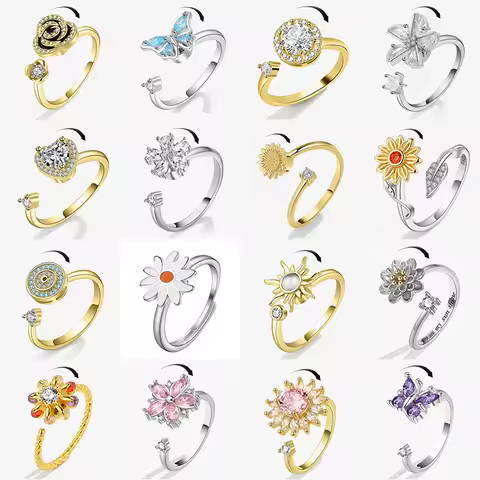 Luxury Butterfly Sunflower Fidget Spinner Ring Anxiety for Women Crystal Flower Anxiety Finger Rings