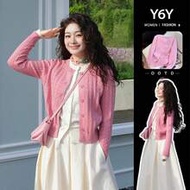 [Y6Y] Women's Pink Knitted 2 In 1 Contrast Color Cardigan, Long Sleeve, Regular Length, Medium Elast