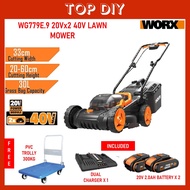 Worx Cordless Lawn Mower Mesin Rumput 34cm WG779E.2 20Vx2 30L Capacity Cordless Grass Cutter+WG630E+