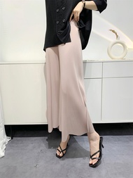 คร็อปแพนท์จับจีบสำหรับผู้หญิงหลวมขากว้างมีจีบเอวสูงไม่เท่ากันทำให้ผอม # K-787