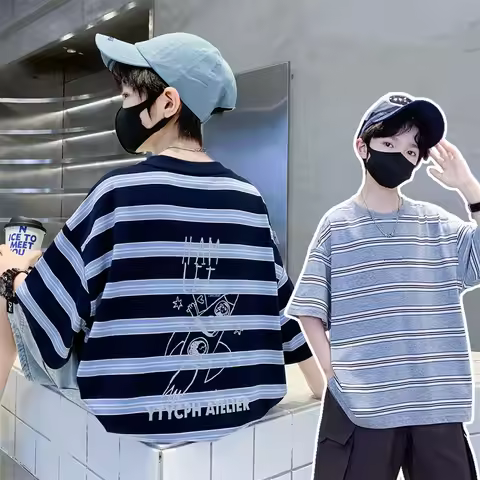 Kids Child y2k Street Tees Tops New Summer Boys Fashion Short Sleeve Cotton Striped T-shirts Student