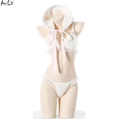 AniLV Plush Rabbit Erotic Underwear Cap Outfit Set Costume Women Bunny Cute Lingerie Uniform Tempera