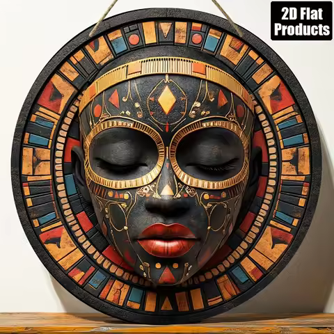 2D Flat, 2D Flat Round Wooden Decorative Painting, Black Golden Orange African Mask Theme Wall Art, 