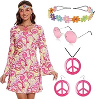 60s 70s Outfit for Women Disco Dress Hippie Costume Accessories Set 70s Clothes for Groovy Party Hal