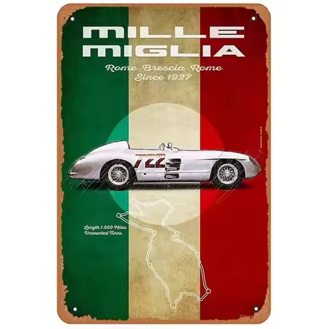 Redline Heritage Mille Miglia Tin Sign Vintage Car Race Metal Art Decor